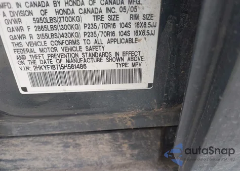 2005 Honda Pilot Ex-L из США, поврежденный, VIN 2HKYF18715H561486